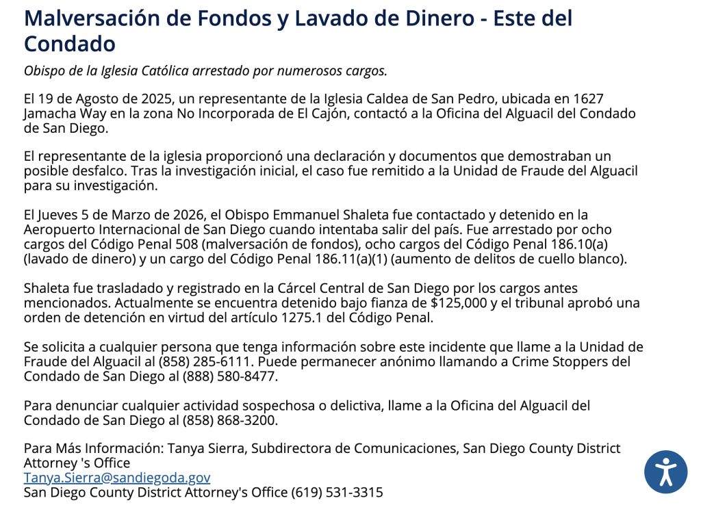 Captura de pantalla del comunicado del Sheriff de San Diego sobre la detención del obispo Emmanuel Shaleta por presunta malversación y lavado de dinero.